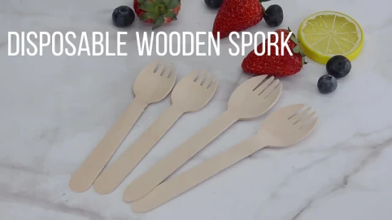 Cuchara desechable de madera de abedul biodegradable, tenedor Spork